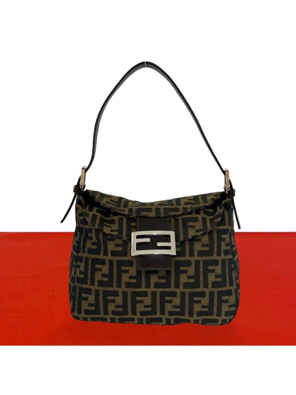 Fendi Zucca FF Pattern Canvas Leather Shoulder Bag Brown Black